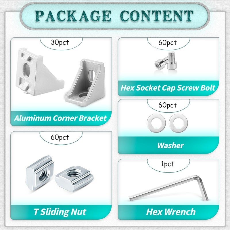 PETOX 30 Set Silver 2020 Series Aluminum Extrusion Profile Connector, Includes 1pc Wrench, 30pcs 2028 Corner Bracket, 60pcs T-Slot Sliding Nuts and M5 Hex Screw Bolt for 20S Aluminum Rail Accessories - Image 3